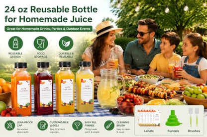 OBKJJ 80pcs 24oz Pcs Juice Bottles, Juice Bottle with Caps Reusable Empty Clear Bottles with Label, Funnel, Brush Bulk Beverage Containers for Juicing, Drinking, Smoothie and Other Beverages (24oz) - size: 24 Ounces
