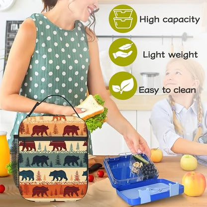 Rustic Forest Bear Kids Lunch Bag Insulated Lunch Box Cooler Freezable Meal Prep Bag with Shoulder Strap Waterproof Lunch Container for Boys Girls School Office Picnic - color: Rustic Forest Bear