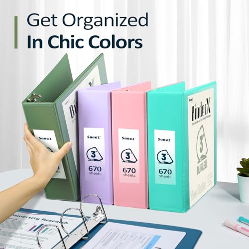 Sooez BinderX Extra Durable 3 Inch 3 Ring Binder, D-Ring Large Binders, Holds 670 Sheets of 8.5x11 Paper, Customizable View Cover with 2 Inside Pockets, School & Office Supplies, Lavender - color: Lavender, size: 3 inch
