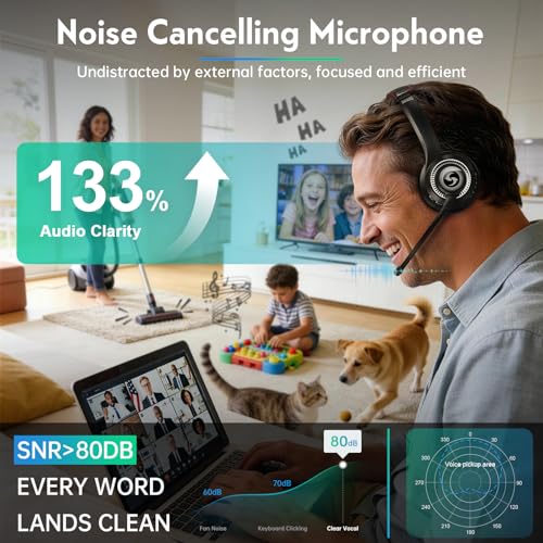 Wireless Headset with Mic for Work, Dual-Mode Bluetooth & 2.4GHz Dongle, 50H Talk Time, Headphone with mic ENC Noise Cancelling fit for Teams/Zoom, Glasses-Friendly - color: Black