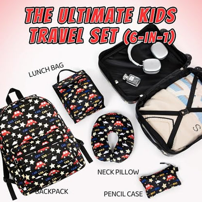 16’’ Kid’s Luggage Set with Spinner Wheels, Hardside with Suitcases,6 Piece | Carry on Luggage, Travel Rolling Luggage Airline Approved, Girls Boys - color: Car