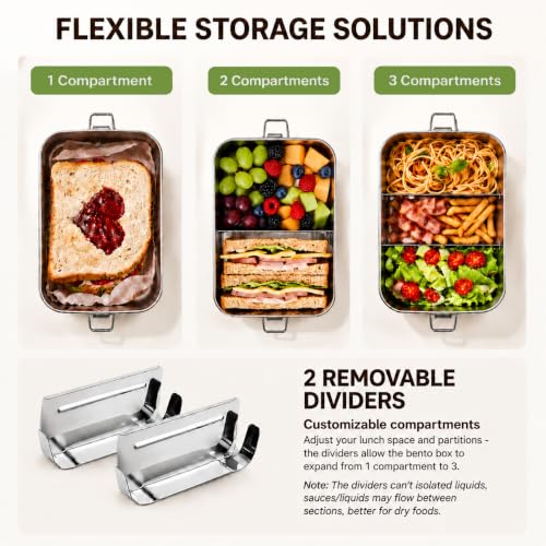 TeamFar Stainless Steel Bento Box, 81oz/2400ML Large Metal Lunch Box | Metal Lunch Container for Adults/Kids, for Home/School/Office/Travel, with 2 Removable Dividers, Leak-Proof & Dishwasher Safe - size: 2400ML