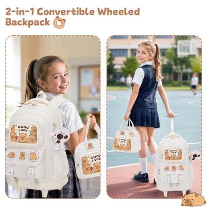 Capybara Rolling Backpack for Girls - 3PCS Girls Backpack Kids Suitcase with Lunch Box & Pencil Case Travel - Capybara Backpack with Wheels for Kindergarten Preschool Elementary (Beige) - color: Beige