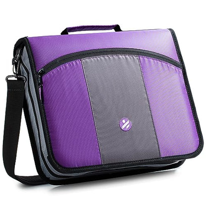 3-Inch 3 Round Rings Zipper Binder, Expanding Files, Handle and Shoulder Strap Included, Purple - color: Purple