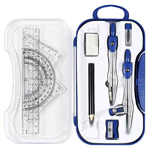 Unjoo Geometry Set 10 Pcs Student Supplies,Protractor and Compass,Navy Blue | Shatterproof Storage Box,Rulers,Protractor,Compass,Eraser,Pencil Sharpener,Lead Refills,Pencil,for Classroom, Back to School - color: Navy Blue