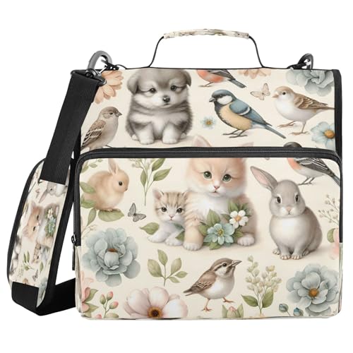Kigai Cute Animals 3 Ring Zipper Binder with Handle & Shoulder Strap Expanding File Multiple Pockets Binder Organizer