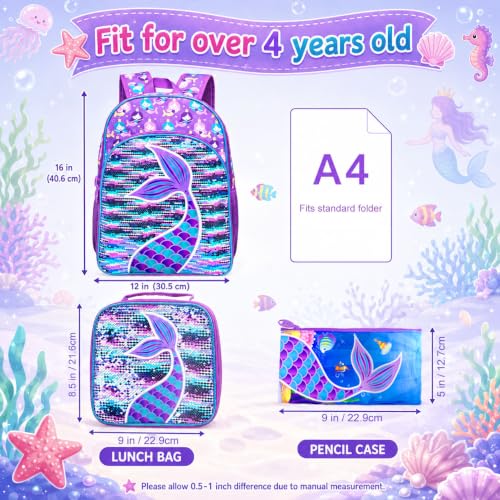 gxtvo 3PCS Girls Backpack, 16" Sequin Prechool Elementary Bookbag and Lunch Box - color: Fish Tail Purple