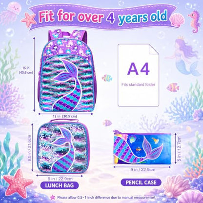 gxtvo 3PCS Girls Backpack, 16" Sequin Prechool Elementary Bookbag and Lunch Box - color: Fish Tail Purple