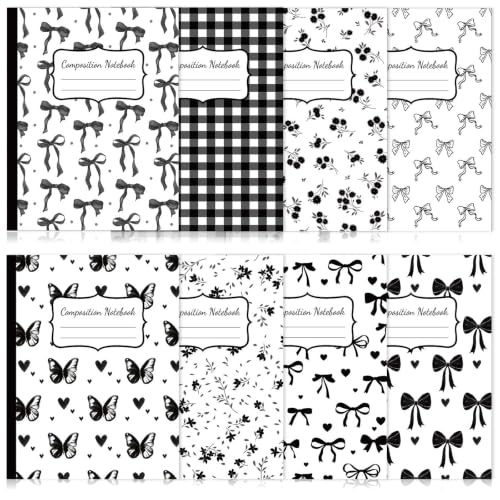 8 Pack Black Bow Composition Notebooks Bulk Black Notebook College Ruled Journal 100 Pages Cute Aesthetic Bow Composition Books Back to School Gift for Student Teacher Office Supplies 9.7x7.5 Inch - color: Black Bow