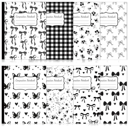 8 Pack Black Bow Composition Notebooks Bulk Black Notebook College Ruled Journal 100 Pages Cute Aesthetic Bow Composition Books Back to School Gift for Student Teacher Office Supplies 9.7x7.5 Inch - color: Black Bow