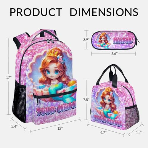 COZYAURA Personalized Mermaid Backpack for Girls with Custom Name - 3-Piece School Bag Set with Insulated Lunch Box & Pencil Case for Kindergarten & Elementary Students - color: Blue