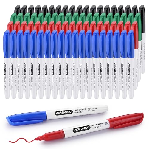 WOSWEL Fine Tip Dry Erase Markers 76 Pack 4 Assorted Colors(Black,Blue,Green,Red) Low Odor Whiteboard Erasable Markers Bulk for Kids Adults,Ideal for Classroom School Office Home,Non-Toxic Easy Clean