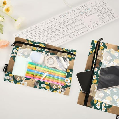 SUABO Daisy Capibala Pattern Pencil Pouch for 3 Ring Binder, 2 PCS Binder Pencil Pouch with Zipper, Clear Window Zipper Pencil Case Pencil Bags for Office Supplies - color: Capibala