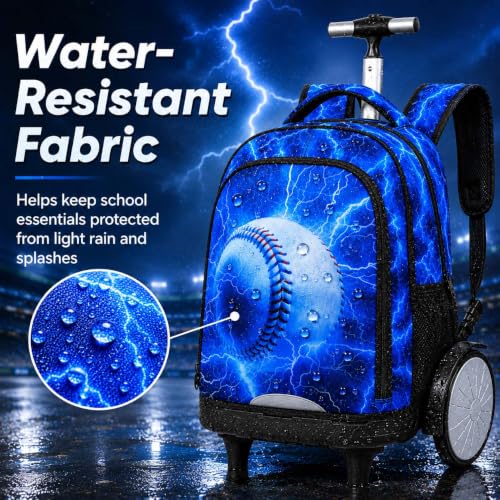 UFNDC Big Wheel Boys Rolling Backpack, Water-Resistant Wheeled School Bag with Lunch Box & Pencil Case, 3-Pack Kids Roller Bookbag Travel Set - Lightning Baseball - color: Rolling Backpack Lightning Baseball Blue