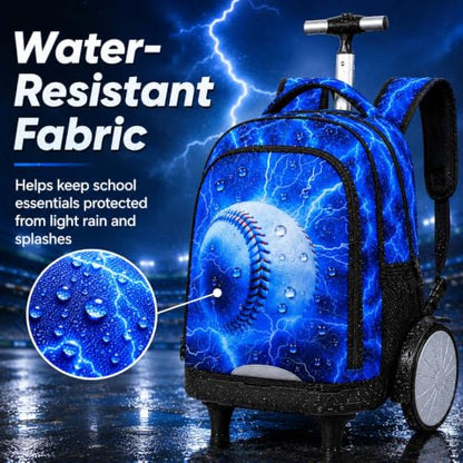 UFNDC Big Wheel Boys Rolling Backpack, Water-Resistant Wheeled School Bag with Lunch Box & Pencil Case, 3-Pack Kids Roller Bookbag Travel Set - Lightning Baseball - color: Rolling Backpack Lightning Baseball Blue