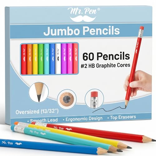 Mr. Pen- Jumbo Pencils, 60 pcs, Preschool Pencils, Large Pencil | Bright Barrels and Black 2 HB Graphite Cores, Smooth Lead, Latex-Free Eraser Top with Metal Ferrule - color: Bright Barrels, size: 60 pcs