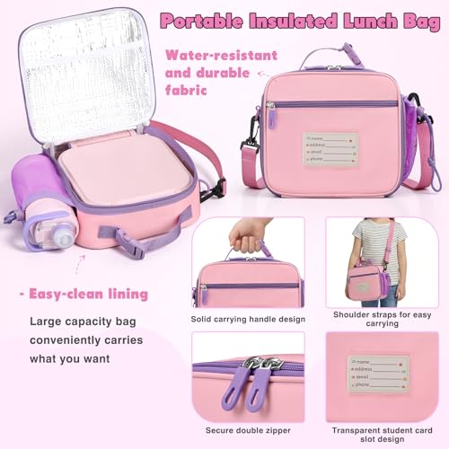Bento Lunch Box for Kids with 7oz Soup Thermo,Insulated Stainless Steel Kids Water Bottle with Straw and Insulated Lunch Bag,Leak-Proof Lunch Food Container with Ice Pack for School(Pink) - color: Pink