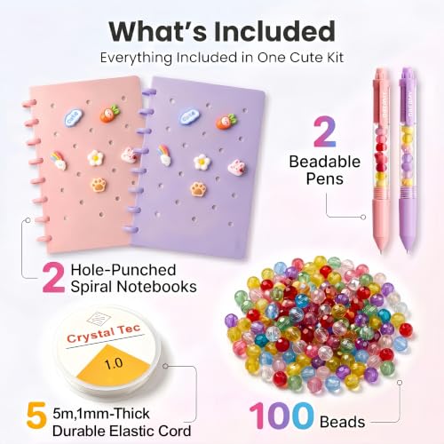 DIY Journal Kit for Girls, Cute Kawaii Stationery Gift Set with 2 Hole-Punched Spiral Notebooks , 2 Beadable Pens, 100 Beads&5m Elastic String,Arts and Crafts Birthday Gift for Tween Girls Age 8-12+