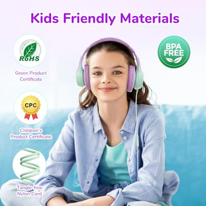 EarFun K3 Kids Headphones, Over Ear Headphones with Microphones, 85/94dB Volume Limit, HD Stereo Sound, Foldable Wired Headphone for School/Travel/Boys/Girls/Tablet/iPad (3.5mm Plug with Mic, Purple) - color: Purple