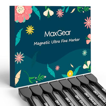 MaxGear Magnetic Dry Erase Markers, 0.5 mm Ultra Fine Tip, 8 Count, Black | Magnetic Extra Fine Tip Whiteboard Marker with Built-in Eraser, Low Odor Ink for Whiteboard Use at Home, Office and Classroom
