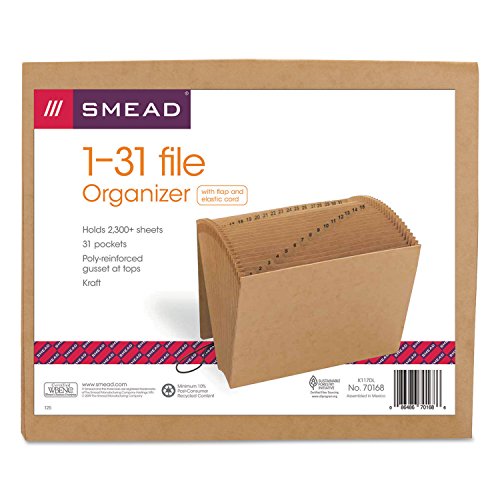 Smead Expanding File with Flap and Cord Closure, 31 Pockets, Daily (1-31), Letter Size, Kraft (70168) (Pack of 1) - size: 12" W x 10" H (Pack of 1), style: 1 to 31