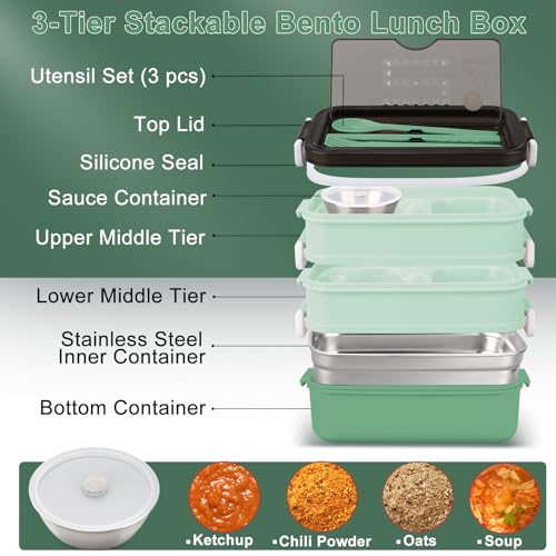 3-Tier Lunch Box for Women, Adult Lunch Box with Insulated Lunch Bag | 60 fl oz Large Capacity Bento Box with BPA-Free Utensils & Sauce Container, Leakproof, Microwave Safe for Work & Meal Prep - color: Green(3-Tiers)