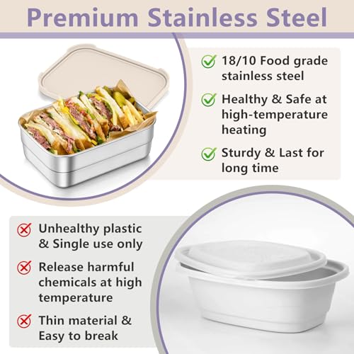 TeamFar Stainless Steel Lunch Box, Food Snack Storage Bento Containers with Silicone Lids for Kids Adults to School Work, Kids Friendly & Dishwasher Safe, Leak-Proof & Easy Open, 25OZ + 8OZ*2 (Khaki) - color: Khaki