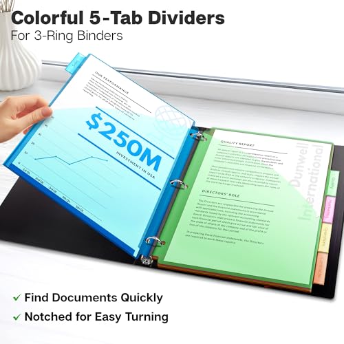 Dunwell 5-Tab Binder Pocket Dividers, Plastic Dividers with Two Pockets for 3-Ring Binder, Multicolor, Fits 8.5x11 Letter Size Documents, Insertable Tabs, 5 Subject Notebook Divider 3 Hole Punched - size: 1 Set (5 pcs), style: 2 Pockets