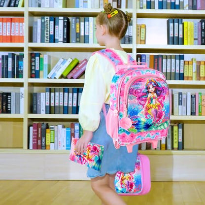 WZLVO 4PCS Rolling Backpack for Girls, Kids Mermaid Roller Backpacks with Wheels for Kids, Wheeled Bookbag Set for Toddler Elementary School - color: Mermaid Pink