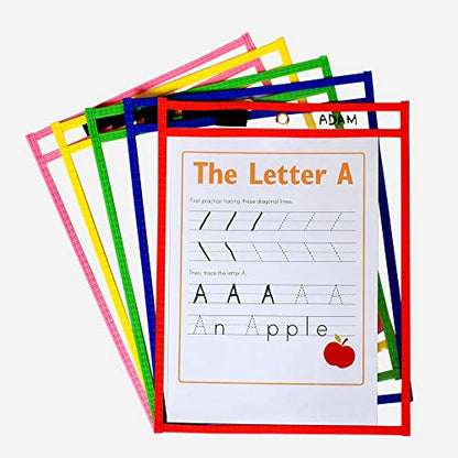 Dry Erase Pockets 30 Pack - 10 x 13 Reusable Dry Erase Pocket Sleeves for Work & School Worksheets - Heavy Duty Clear Pocket Sleeves - Quickly Wipe to a Flawless Clean (Multicolor)