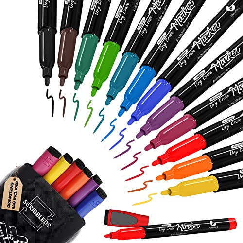 Scribbledo Magnetic Dry Erase Markers Fine Tip, Assorted Colors, Low-Odor Whiteboard Markers with Eraser Cap for Office, Workplace, Medical & Professional Use (12 Pack) - style: 12 Pack