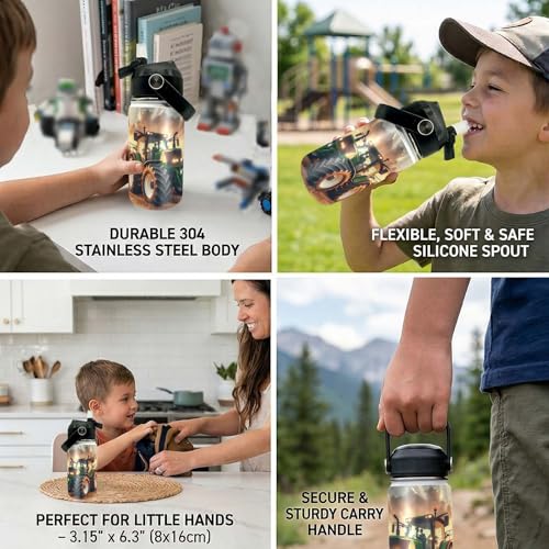 Tractor Kids Water Bottle 12oz Stainless Steel Insulated Bottle Vacuum Leak Proof Straw Lid with Double Wall BPA Free School (Color2) - color: Color2