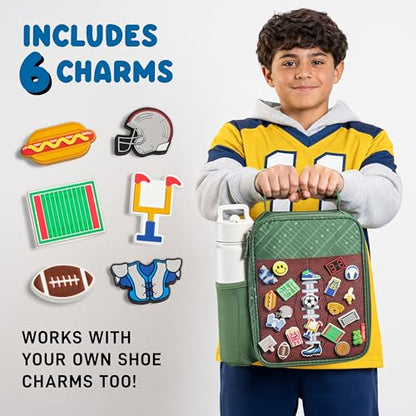 Fit & Fresh Customizable Charm Lunch Bag for Boys & Girls, Football Kids Lunch Box with 6 Sports Charms, Premium Insulated Reusable Lunch Tote for School - color: Green Football