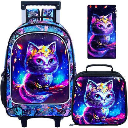 CCJPX 3PCS Rolling Backpack for Girls, Kids Cat Roller Wheels School Bookbag with Lunch Bag, Wheeled School Bag for Toddler Elementary Children - color: Black Cat