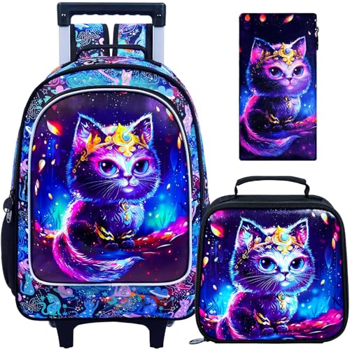 CCJPX 3PCS Rolling Backpack for Girls, Kids Cat Roller Wheels School Bookbag with Lunch Bag, Wheeled School Bag for Toddler Elementary Children - color: Black Cat