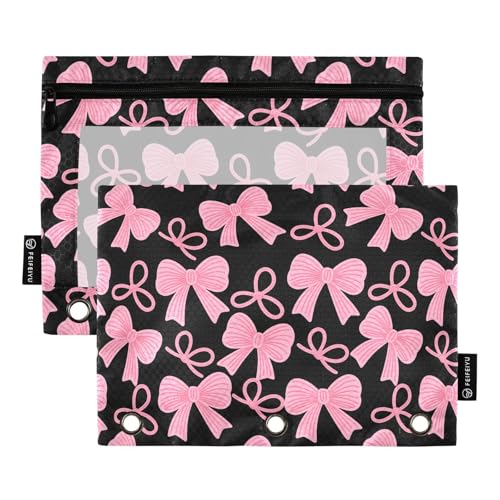 2 Pack Pencil Pouch for 3 Ring Binder Pink Bow Black Pencil Case Pouch with Clear Window Zipper Binder Pencil Pouches Pen Bag for Office School Supplies - color: Pink Bow Black