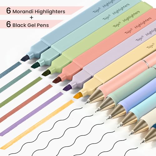 Taja 12 Pack Bible Highlighters and Pens Set No Bleed, 6 Aesthetic Pastel Highlighters and 6 Black Ink Pens for Bible Study, Journaling, School and Office Supplies - style: Highlighters+Black Pens
