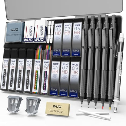 WUO Metal Mechanical Pencil Set, 5-Pack 0.5mm 0.7mm 0.9mm 2.0mm Drafting Pencils with 432 Lead Refills, Precision Eraser Pen, Erasers & Sharpeners for Drawing, Sketching, Writing - color: Grey, size: 0.5/0.7/0.9/2.0