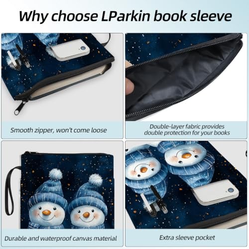 Padded Book Sleeve with Zipper & Front Pocket, Fabric Book Cover | Cute Cozy Christmas Snowman11.4"x8.7" Washable Canvas Pouch for Hardcovers, Tablets & Reading Accessories - color: Cute Cozy Christmas Snowman