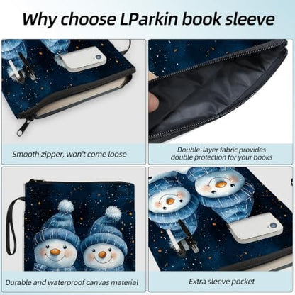 Padded Book Sleeve with Zipper & Front Pocket, Fabric Book Cover | Cute Cozy Christmas Snowman11.4"x8.7" Washable Canvas Pouch for Hardcovers, Tablets & Reading Accessories - color: Cute Cozy Christmas Snowman