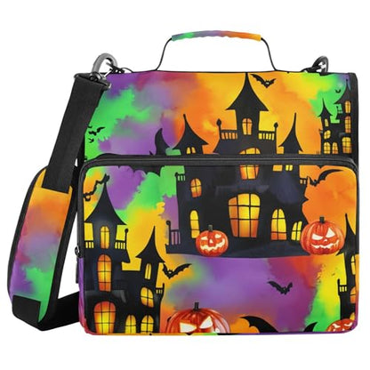 3 Ring Zipper Binder Spooky Haunted House Binder Organizer Portfolio with File and Shoulder Strap & Handle Large Capacity File Folder - color: Haunted House