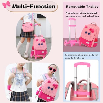 2Pcs Girls Rolling Backpack, Cute Cat Face Kids School Bag Bookbag Roller Backpack for Girls with 6 Wheels, 2Pcs-Pink - color: 6 Wheels-2pcs-pink, style: 6 Wheels