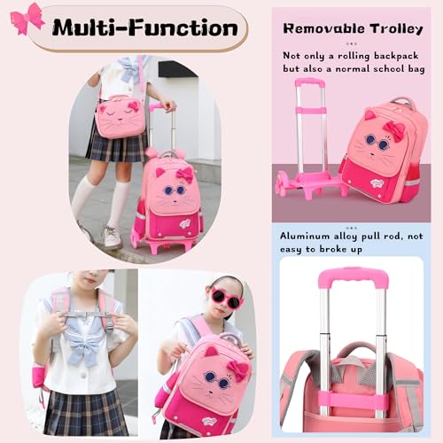 2Pcs Girls Rolling Backpack, Cute Cat Face Kids School Bag Bookbag Roller Backpack for Girls with 6 Wheels, 2Pcs-Rose - color: 6 Wheels-2pcs-rose, style: 6 Wheels