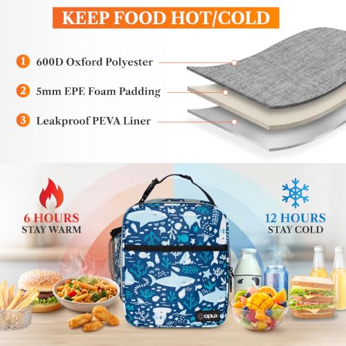 opux Insulated Lunch Bag for Kids Boys Girls, Small Compact Lunch Box with Wide Opening & Mesh Pockets, Reusable Lunch Pail for School, Work, Adults, Men, Women, Blue Shark - color: Blue Shark