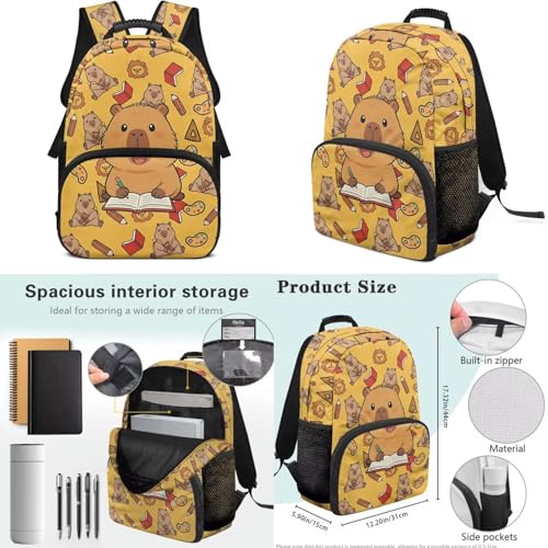 6-12 Girls School Bookbag Set with Insulated Lunch Box, Pencil Case & Water Bottle Holder - Cute Studying Capybara Lightweight Daypack for Back to School Season - color: Studying Capybara