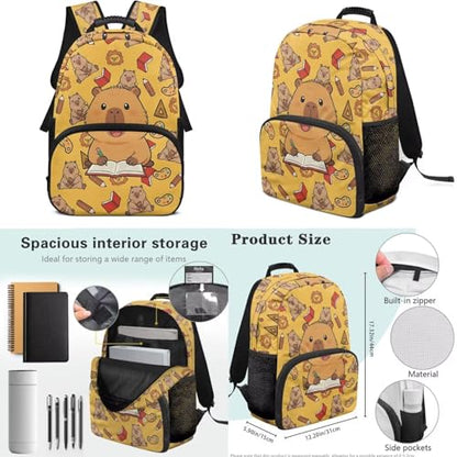 6-12 Girls School Bookbag Set with Insulated Lunch Box, Pencil Case & Water Bottle Holder - Cute Studying Capybara Lightweight Daypack for Back to School Season - color: Studying Capybara