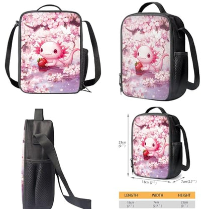Pink Axolotl Kids Backpack Set of 3 with Lunch Box Pencil Case Portable Lunch Bag Multifunctional Pencil Case Cute Book Bag Elementary School Boys and Girls - color: Cute Axolotl Pattern