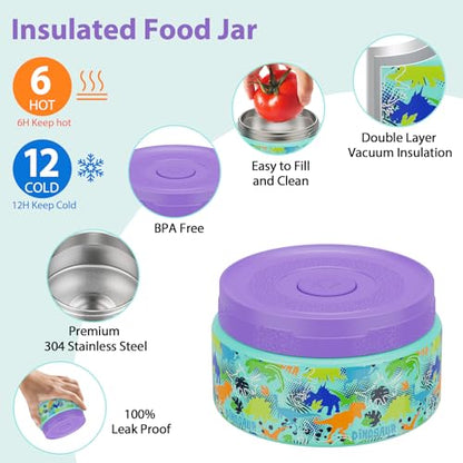 Kids Bento Lunch Box Set with 9.5oz Soup Thermo, Leak-Proof Lunch Food Containers with 3 Compartment and Removable Inner Tray, Insulated Hot Food Jar with Lunch Bag for School, Office, Dinosaur Green - color: Dinosaur Green