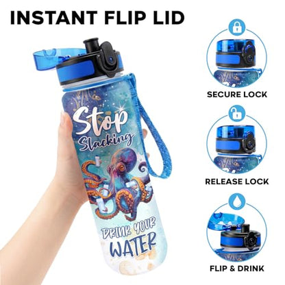 Octopus 32oz Water Bottle with Time Marker – Funny Stop Slacking Drink Your Water Ocean Animal Hydration Tracker Bottle, Sea Animal Gift for Octopus Lovers - color: Octopus