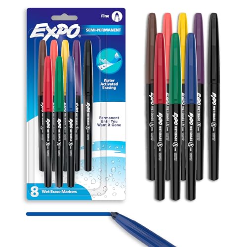 EXPO Wet Erase Markers, Semi-Permanent, Assorted Colors, Fine Tip, 8 Count - For Writing on Glass, Whiteboards, Mirrors, Calendar, Labeling, Organizing - size: 8 Count, style: Fine